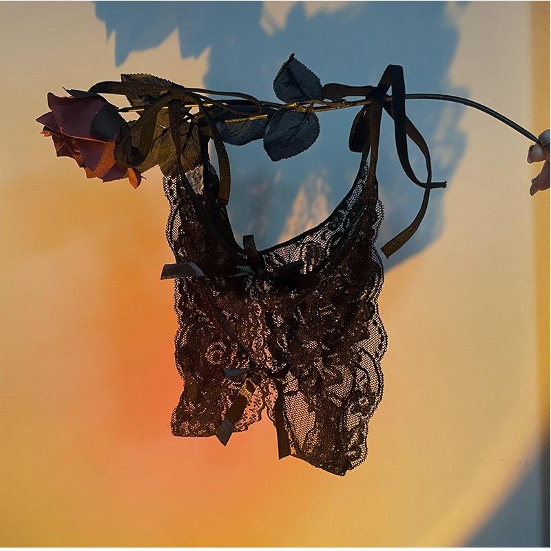Women's Sexy Hollow Out Thong Lingerie Open Crotch Underwear Lady's Crotchless French Style Lace See Panties with Bow Hot Sale