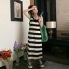 Women's Summer Striped Knitted Vest Dress with Tassel, Mid-Length, Slimming, Sleeveless Design