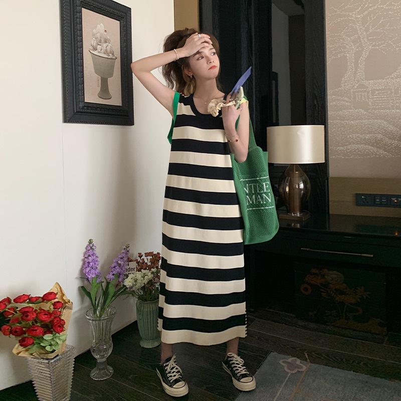 

Women s Summer Striped Knitted Vest Dress with Tassel, Mid-Length, Slimming, Sleeveless Design One Size [Up to 125 pounds]