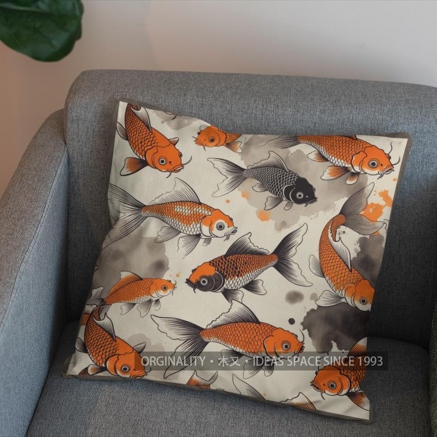 2D Traditional Ink Style Koi Fish Pattern Pillow Pattern Cushion Cover Suitable For Sofa Bedroom Car Pillow Cover