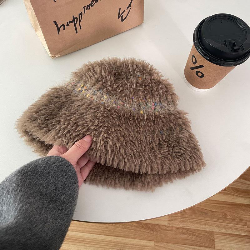 Klobouk typu bucket hat s fazolemi plyšový vlněný klobouk klobouk s velkým obvodem hlavy dámský nový zimní zmenšující obličej s chráničem uší pletený klobouk