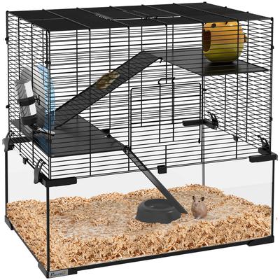 Hamster Cage Rodent Cage 3 Levels with Wheel Ramps House Water Bottle Feeder 60L X 40W X 54.5H Cm Black