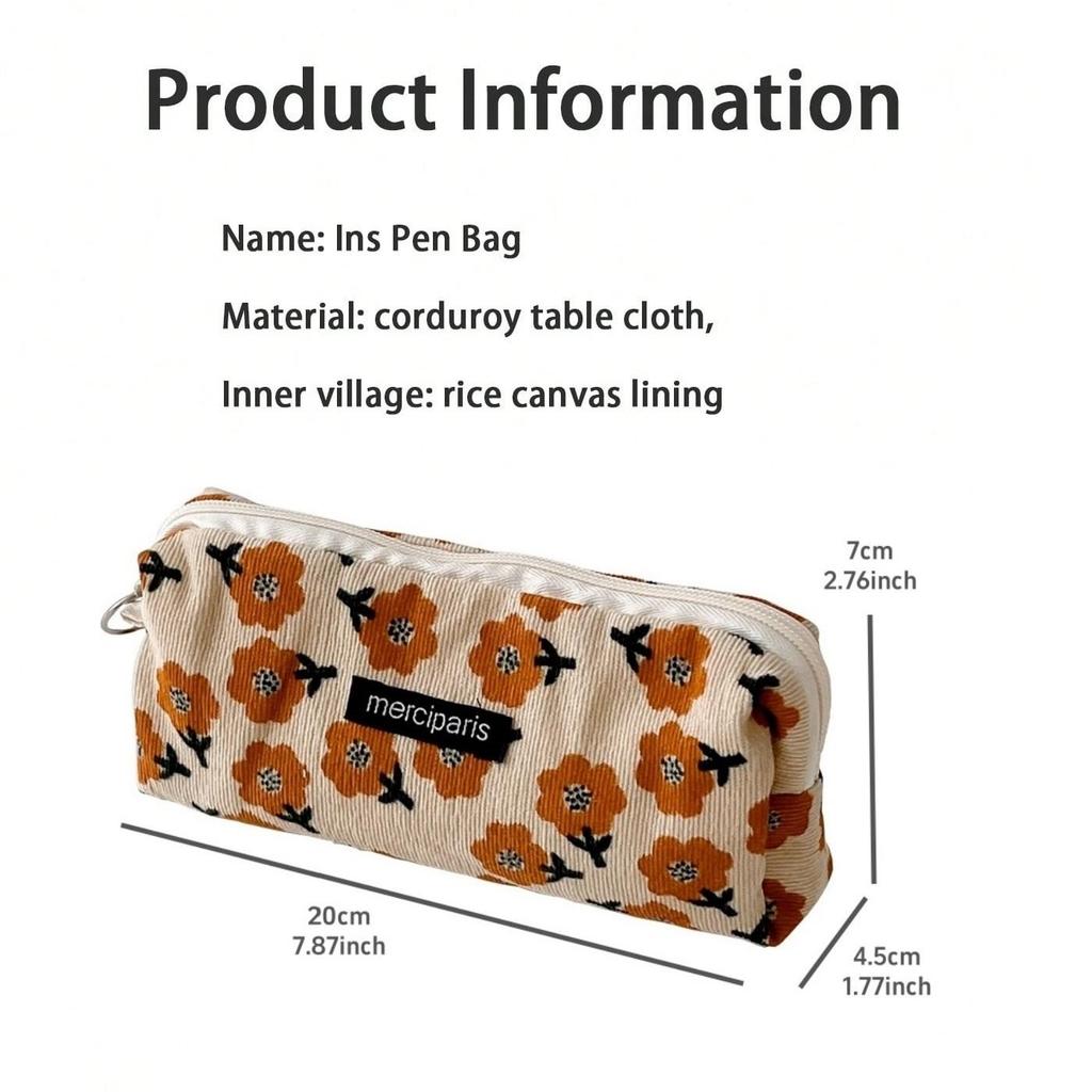 1pcs Corduroy Pencil Bag Pen Case Vintage Flower Grid Artistic Style Student Bag Unique Stationery Storage Pouch School