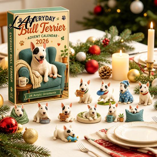 Geburtstagsgeschenk für Kinder Alltags Bullterrier Adventskalender 2026 24 Tage Weihnachts-Countdown mit Dekoration Zuhause Acryl-Ornamente Dekorativ
