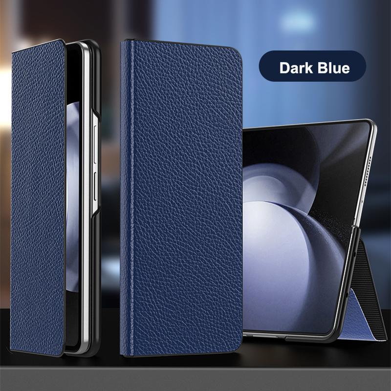 

Luxury Skin Feel Lychee Pattern Textured Genuine Leather Case For Samsung Galaxy Z Fold 7 Hinge Protection Flip Cover Genuine Leather&Galaxy Z Fold7