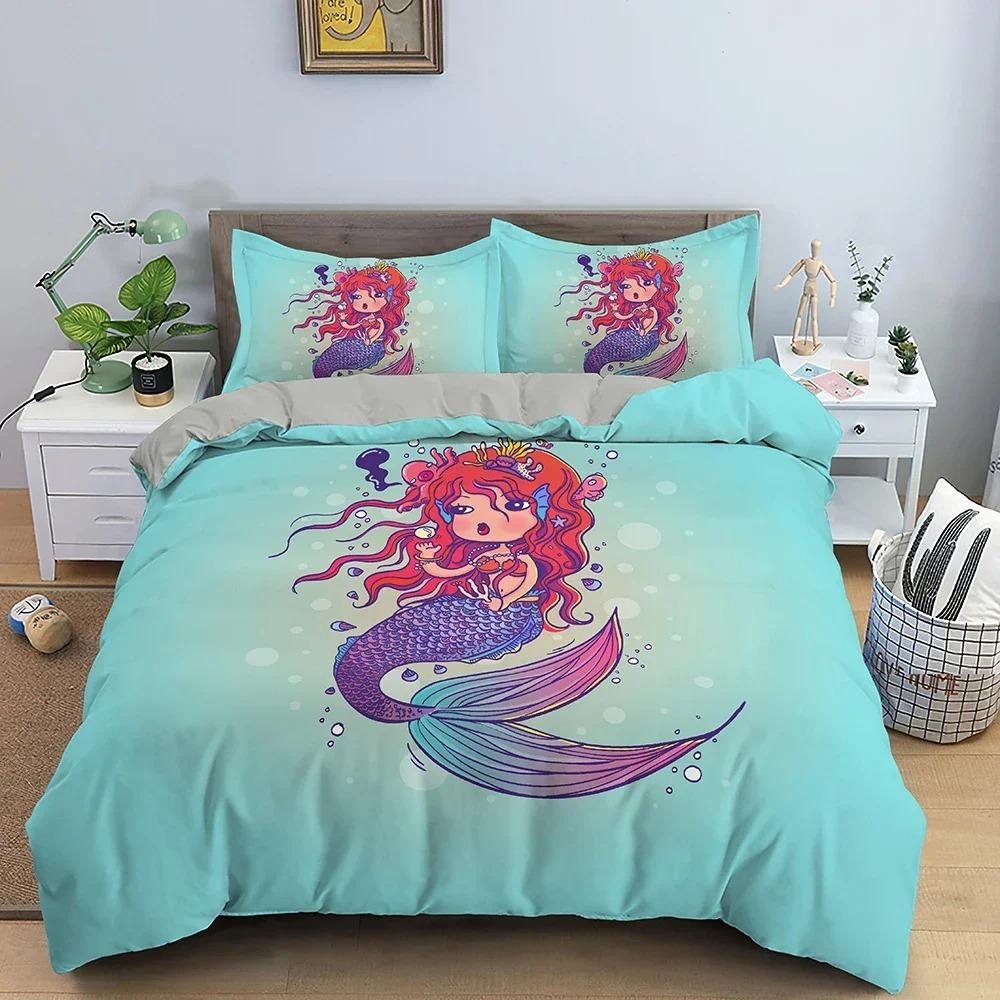 Cartoon Mermaid Pattern Duvet Cover Bedding Set Children Bedroom Decor QuiltComforter Cover King Twin Single Size Bedclothes