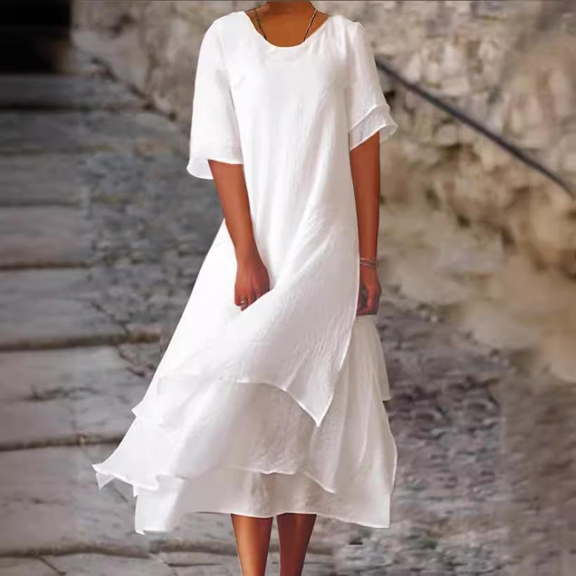 

Women s Floral Layered Short Sleeve Dress, Round Neck Casual Summer Dress in White, Blue, Pink, Yellow, Purple S білий