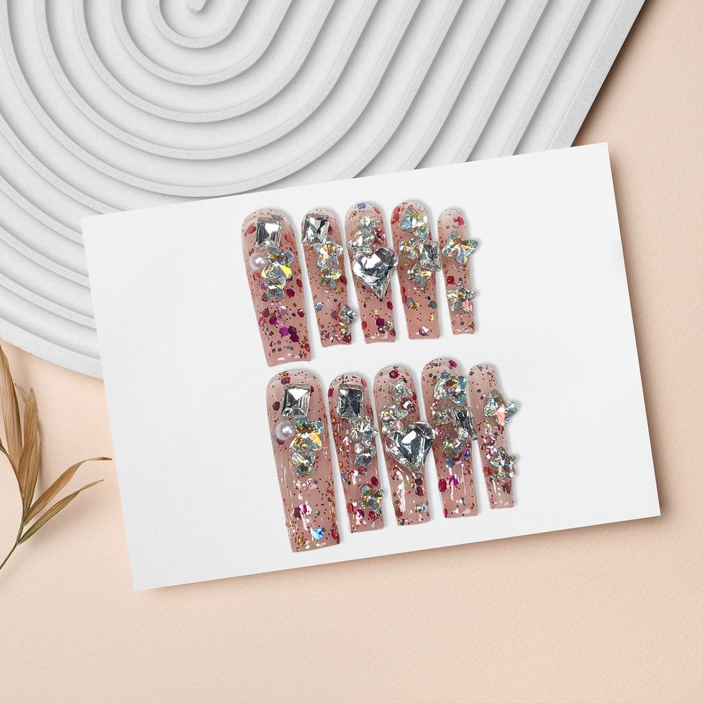 10Pcs Bag Clear Rhinestone Artificial Nails with Full Diamond Design for Party and Daily Use