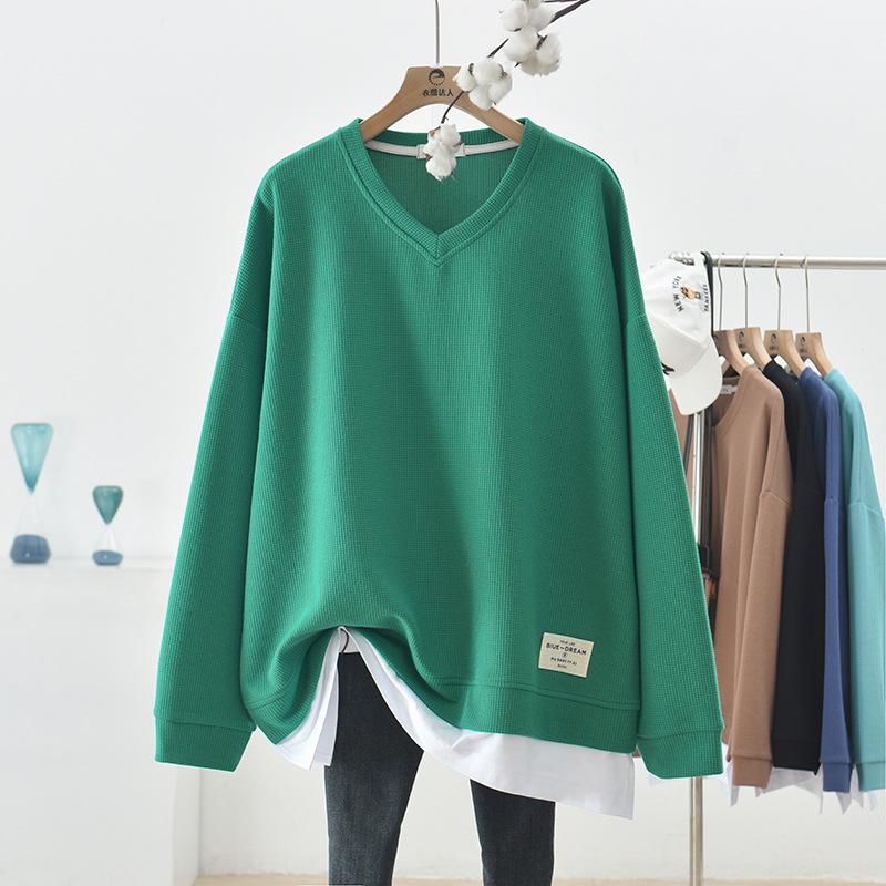 Waffle Stitching Fake Two-piece Sweatshirt Women's Loose Large Size Long-sleeved V-neck Top