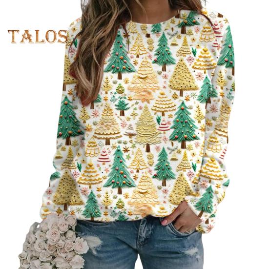 Julegenser Dame 3D Juletre Hus Trykk Rund Hals Langermet Topper Lett Ferie Genser Topper