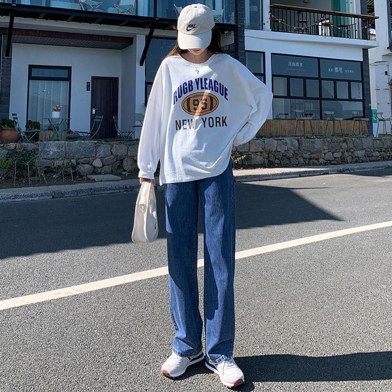 

8 джинсы широкие женские с высокой талией весенне-осенние новые прямые свободные драпирующиеся брюки в пол 2XL темно-синий