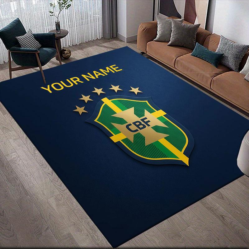 Custom Name,Brazil National Football Team Home Sofa Decoration for Living Room & Bedroom, Non‑Slip Play Flannel Floor Mat for Game Room