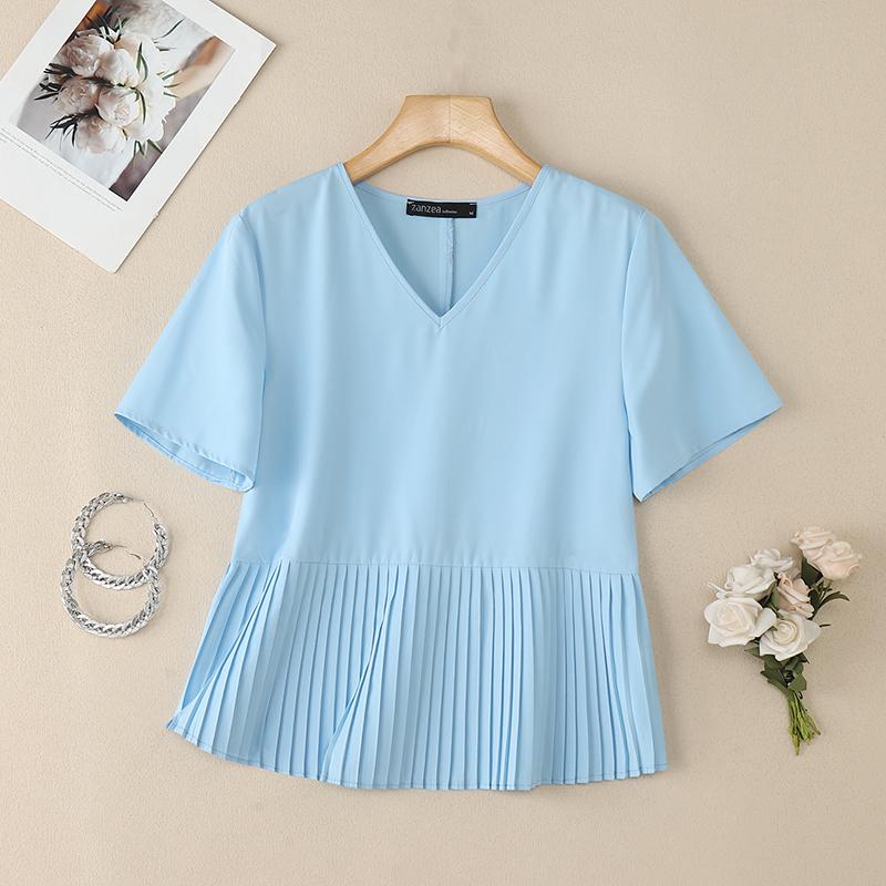 ZANZEA Women Casual V-Neck Solid Color Loose Short Sleeve Blouse