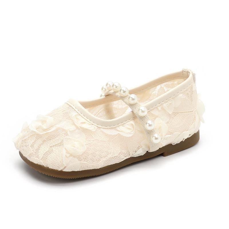 Girls' Flower Petal Flats2026Spring and Summer Sweet Mesh Pearl Solid Color Mesh Shoes for Children