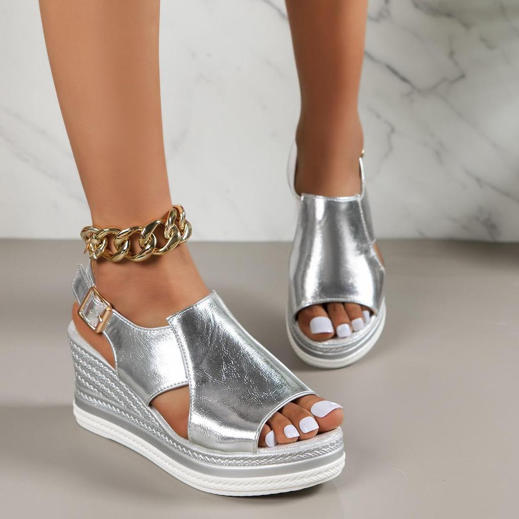 Fashion Silver Wedge Sandals Leather Summer Shoes High Heel Buckle Platform Sandals Woman Outdoor Thick Sole Women Sandals Peep Toe 2025