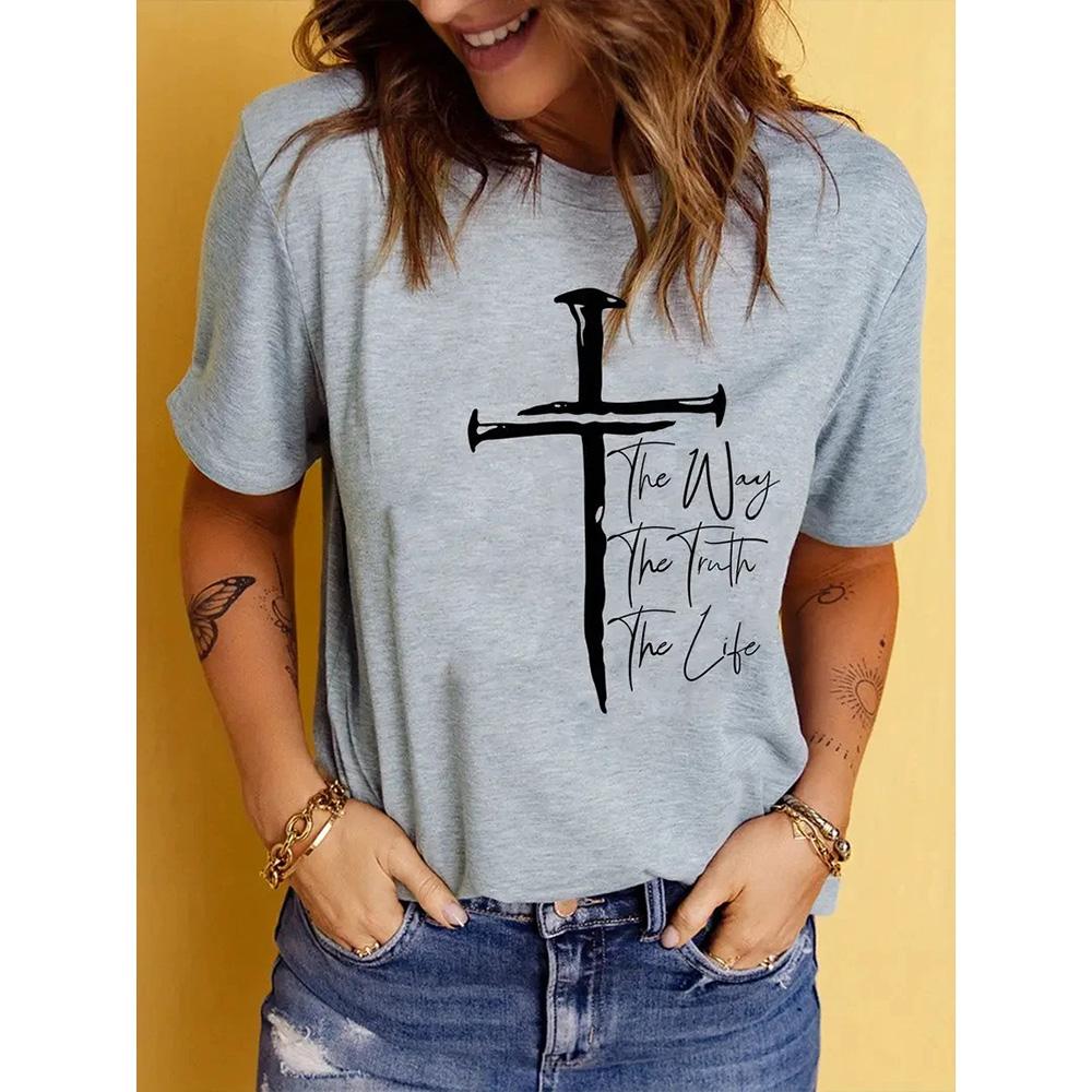 

2024 женская новая футболка с круглым вырезом и принтом в виде креста, короткими рукавами, летняя повседневная женская футболка свободного покроя в стиле Y2K L