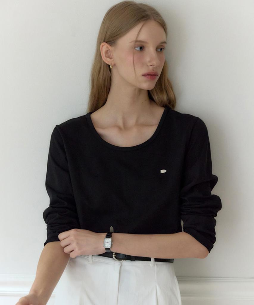 OURHOPE Logo Silky U-Neck Sleeve T-Shirt - Black