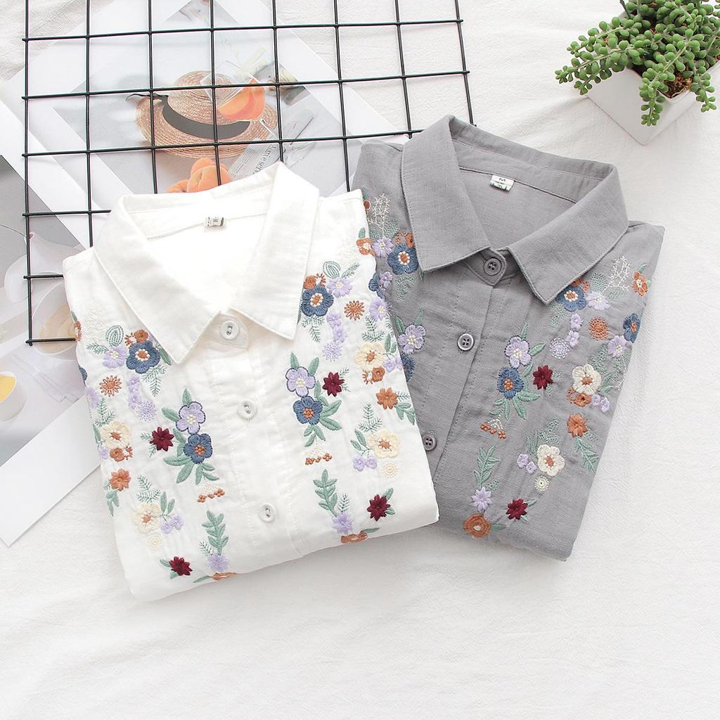 Femmes Col rabattu Hauts amples Fille Manches longues Blouses Broderie Printemps Chemises Fil double coton