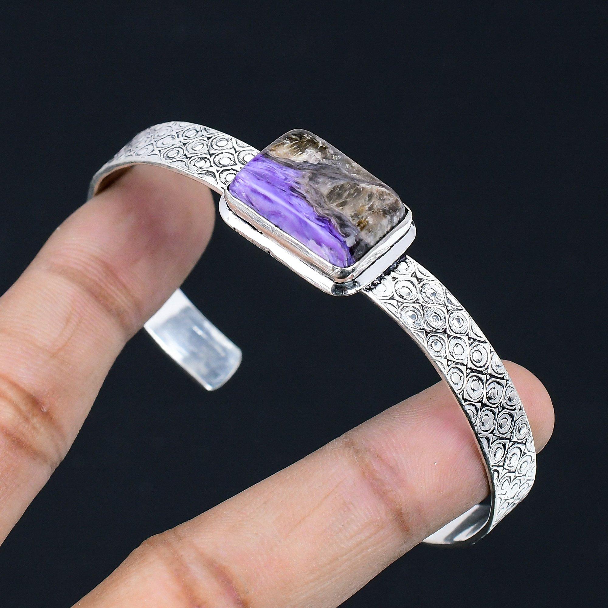 

Daughters Day Deal Charoite Stone 925 Sterling Silver Handmade Artisan Bangle Adjustable