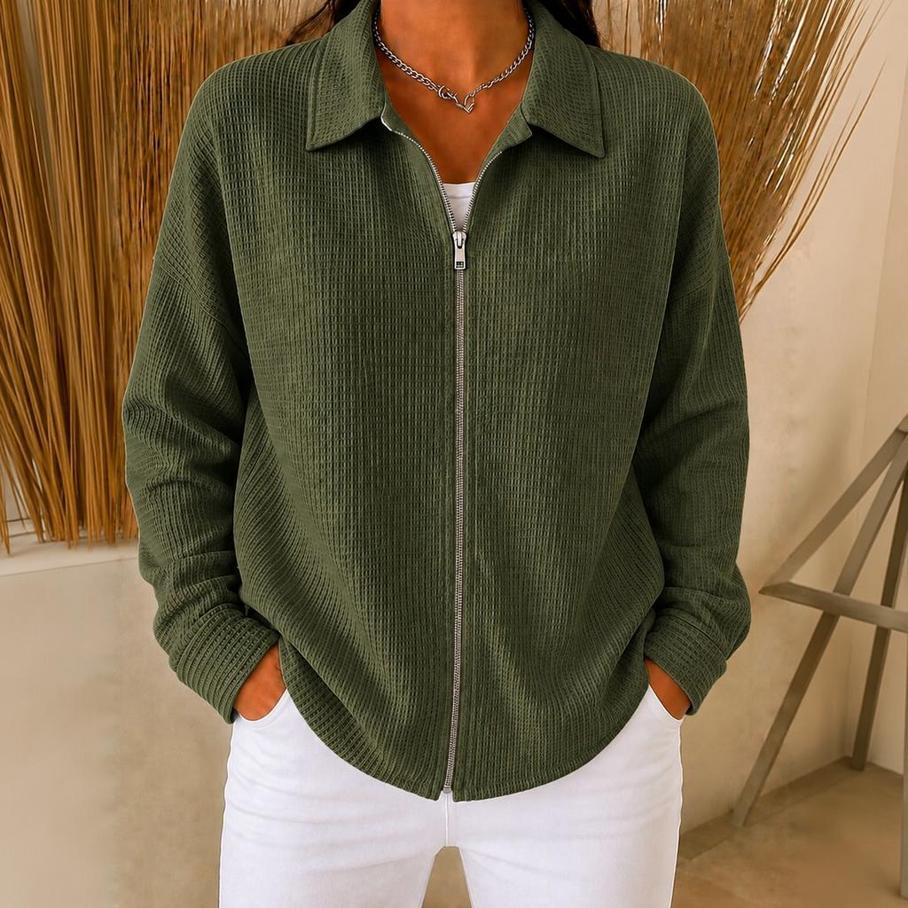 Women's Casual Long Sleeve Knit Zip Front Collar Loose Fit Jacket
