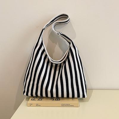 2025 Summer New Casual Large-capacity Canvas Tote Bag Striped Contrasting Color Design Shopping Bag Shoulder Messenger Bag