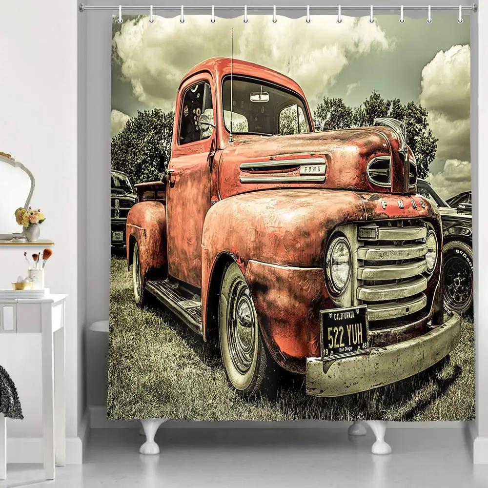 Rustic Shower Curtain Old Wooden Barn with Rusted Tractor Hillside Wooden Fence and Trees Cloth Fabric Bathroom Decor with Hooks