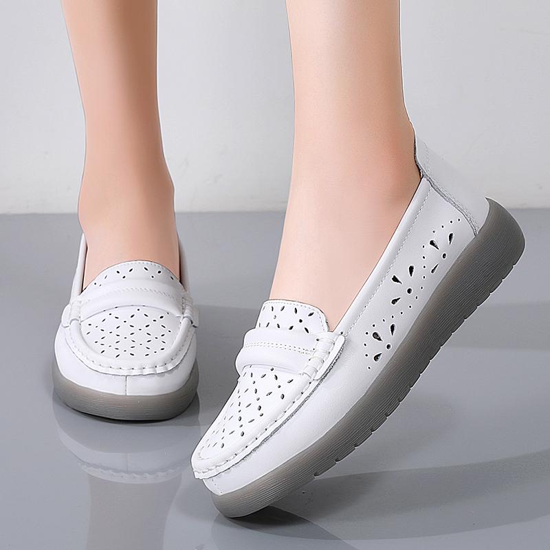 

Женские туфли на плоской подошве, кожаные мокасины для вождения, повседневные туфли без застежек, для ходьбы, минималистичные летние дышащие туфли EU:41 белый