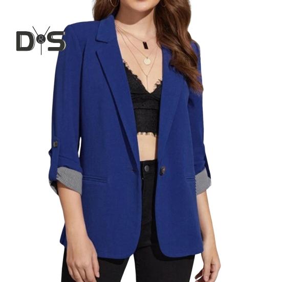 Women Suit Coat Lapel Roll-up Long Sleeve Solid Color Suit Jacket Single Button Loose Fit Spring Autumn Business Outerwear