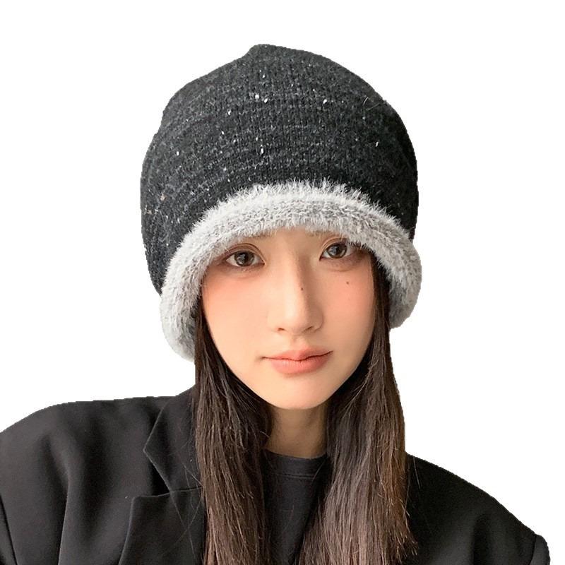Autumn and winter ear protection warm bag head hat women's big head circumference showing face small pile hat color matching versatile knitted hat