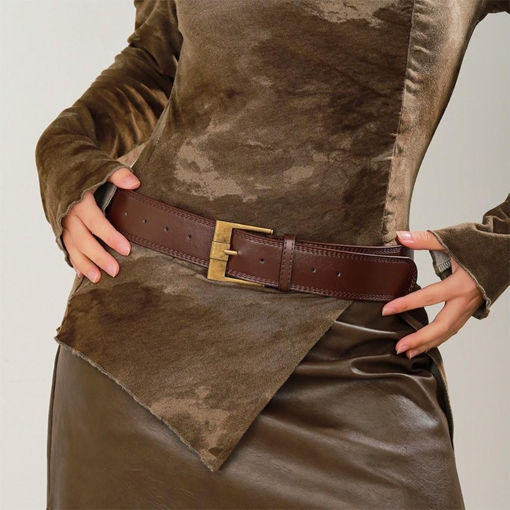 Y2K Wide Waist Belt Solid Color PU Leather Waistbands Retro Metal Buckle Wide Belt Woman