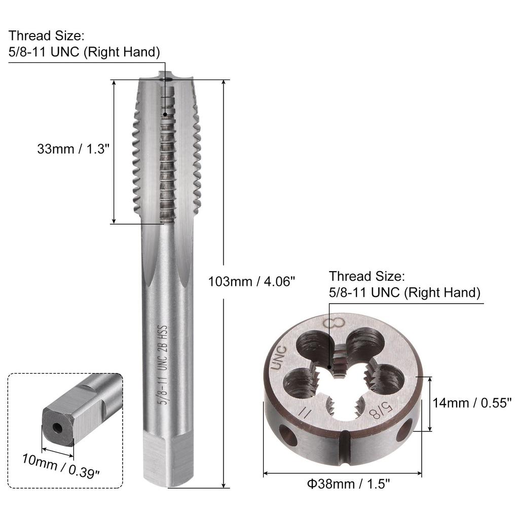 Uxcell 2-Piece Tap & Die Set, 5/8-11 UNC Thread Tap & Round Die, Tapping Thread Tool, Tap & Die Kit for Nut, Screw, Bolt Thread Repair