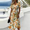 Women's Casual Hawaiian Floral Print V Neck Short Sleeve Midi Dress Summer Beach Vacation Dress