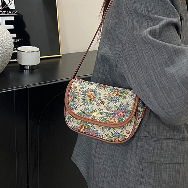 Retro Flowers Pattern Bags Simple Style Designer Women Shoulder & Crossbody Bags Small High Quality Handbags Purses