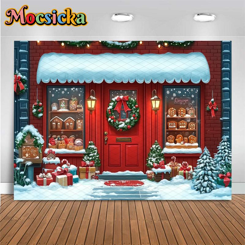 Mocsicka Christmas House Backdrop Winter Snow New Year Party Wallpaper Tree Gift Shop Decoration Festival Photography Background