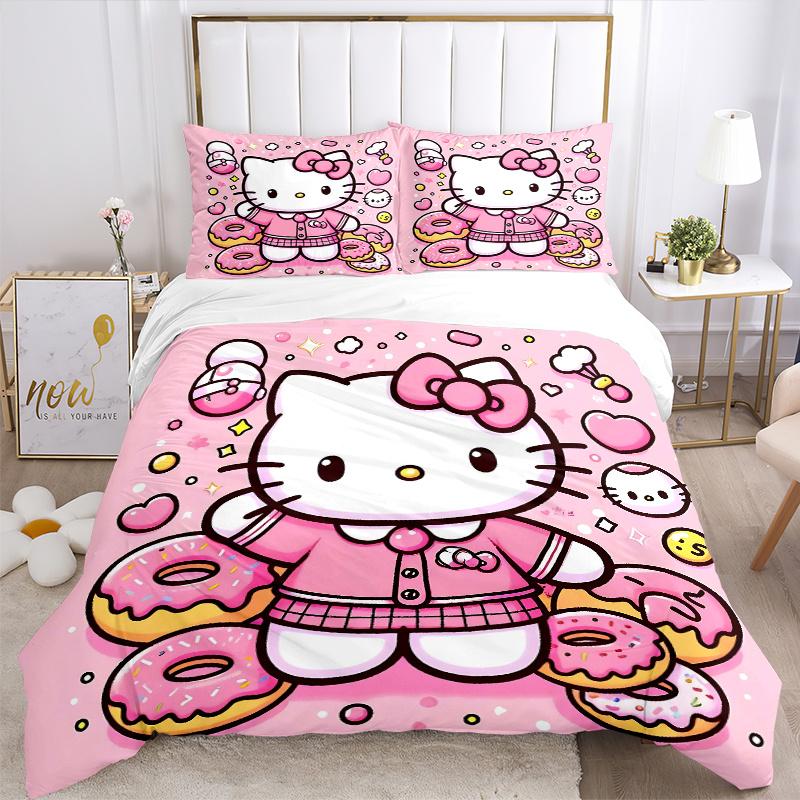 3pcs Dessert cartoon Kitty Printed Bedding Set, Soft and Comfortable Quilt Cover for Bedroom, Guest Room ( Not Included).H019