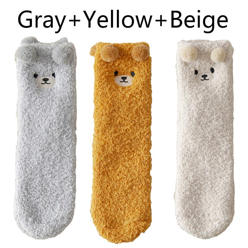 3 Pairs Winter Socks Women Warm Fluffy Socks Bear Cute Animal Coral Fleece Kawaii Fuzzy Socks Thicken Home Sleep Floor Socks Ins