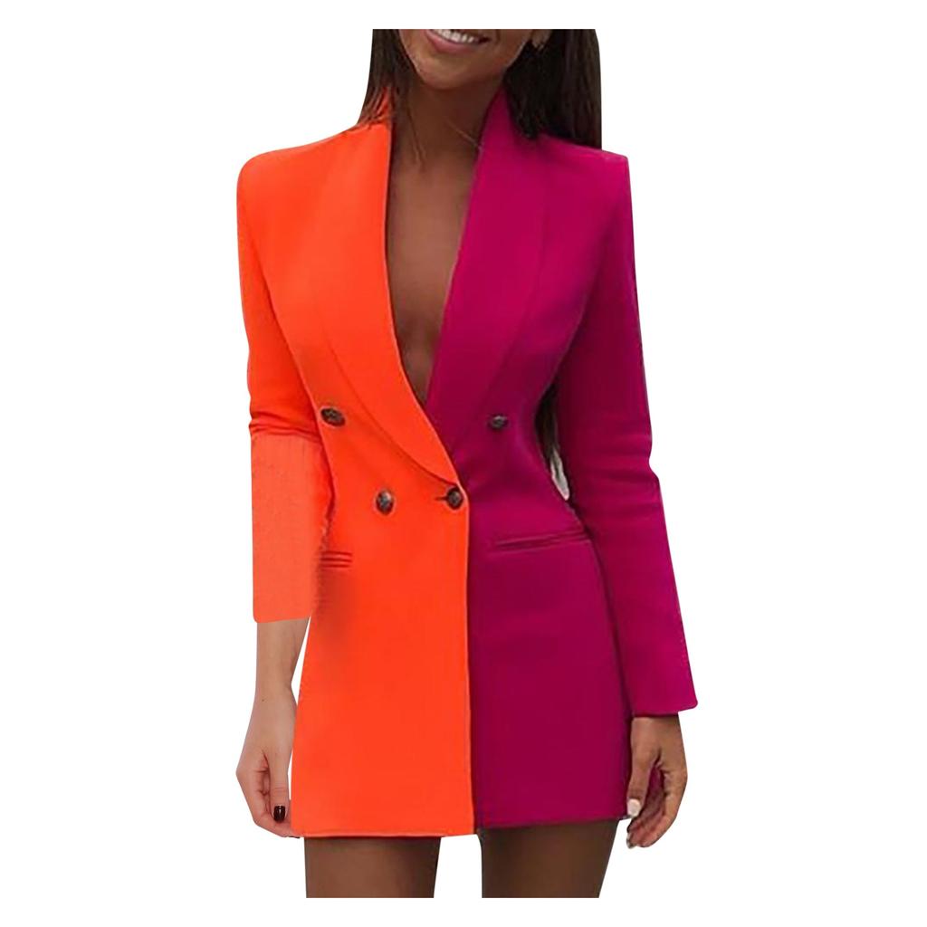 Fashion Colorblock Patchwork Blazer Women Long Sleeve V Neck Suit Dress Spring Autumn Button Woman's Coat