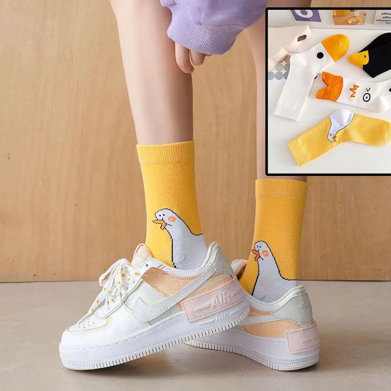 Cute Cartoon Big White Goose Little Yellow Duck Couple Socks Cotton Women's Long Socks Medium Tube Korean Harajuku Socks