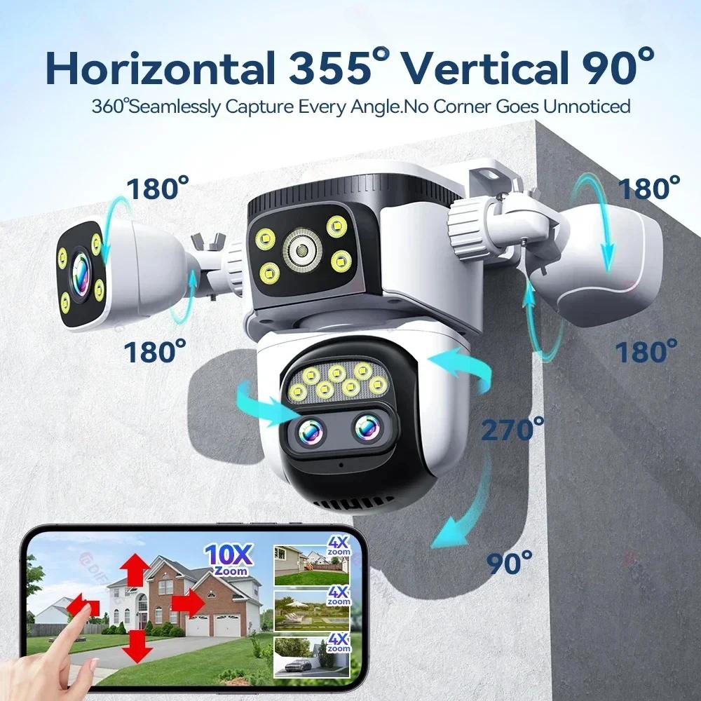 10K UHD WiFi6 20MP Outdoor Security Camera with 10X Zoom Four Screens Four Lenses PTZ Auto-Tracking Waterproof for CCTV