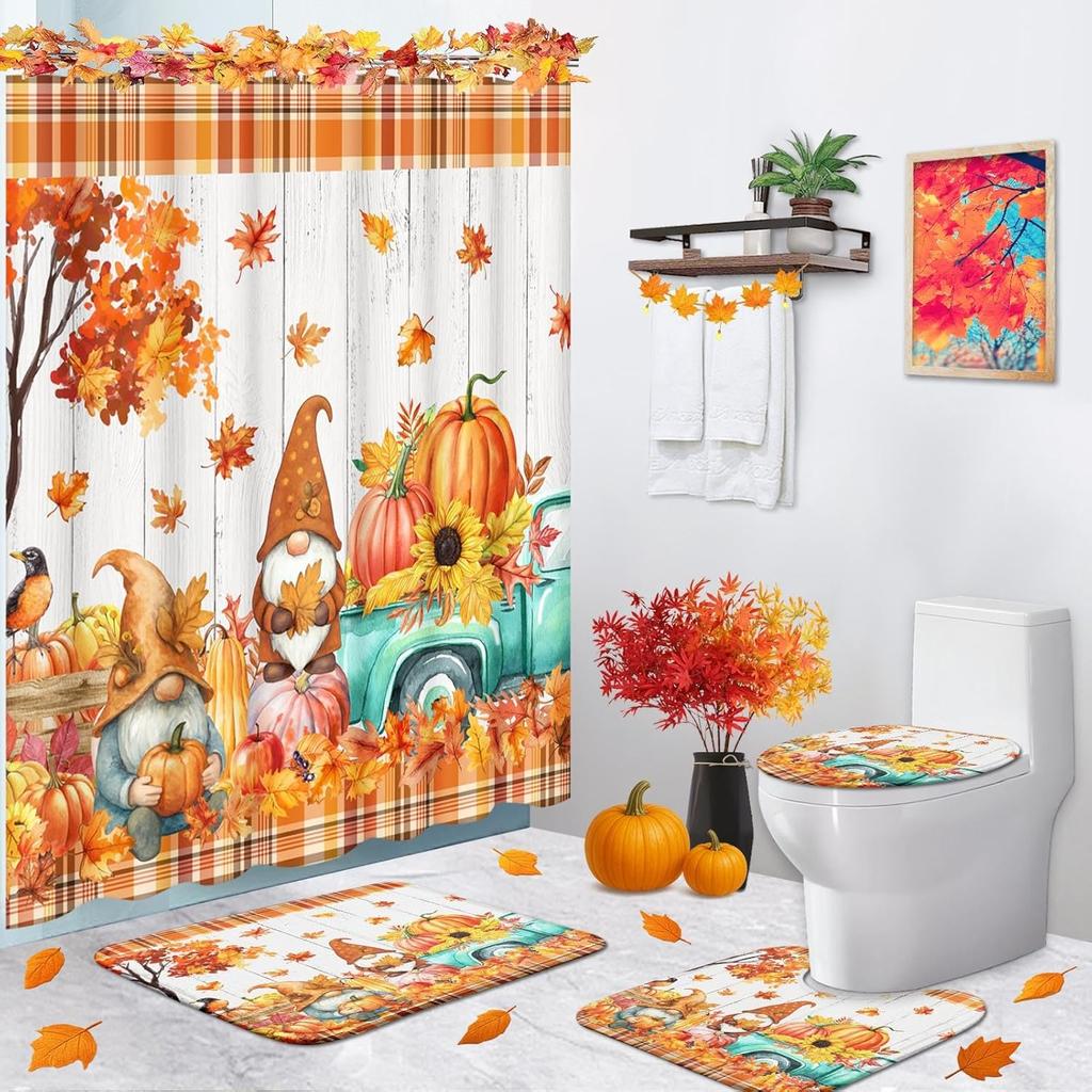 Arttown Fall Shower Curtain Set With Toilet Lid Cover And Non-Slip Rugs, Gnomes Autumn Pumpkins Teal Truck Thanksgiving Harvest