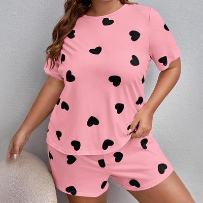 2 Pcs/Set Summer Pajamas Cartoon Heart Print Round Short Sleeve T-shirt Elastic Waist Shorts Lady Plus