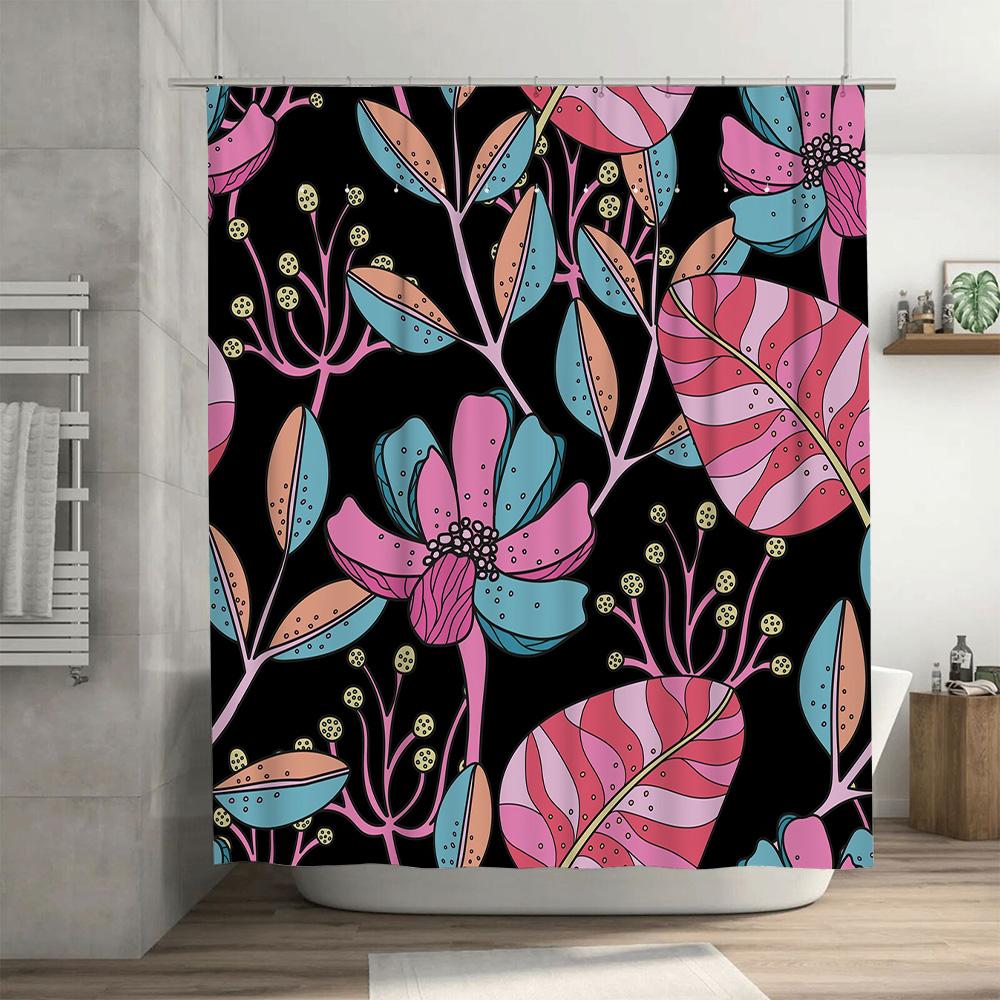 Modern Bathroom Decor Shower Curtain with Floral Print Pink Purple Blue Green Leaves Pattern Black Background Home Decoration fo