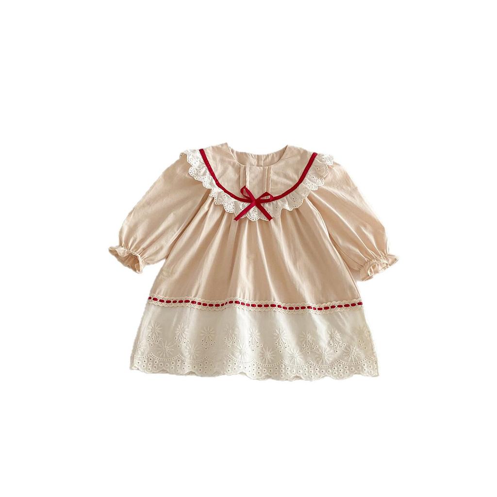 Dívčí volánkové šaty v korejském stylu, jaro 2026: Krajkový lem, Barevný blok, Dlouhý rukáv Sukně