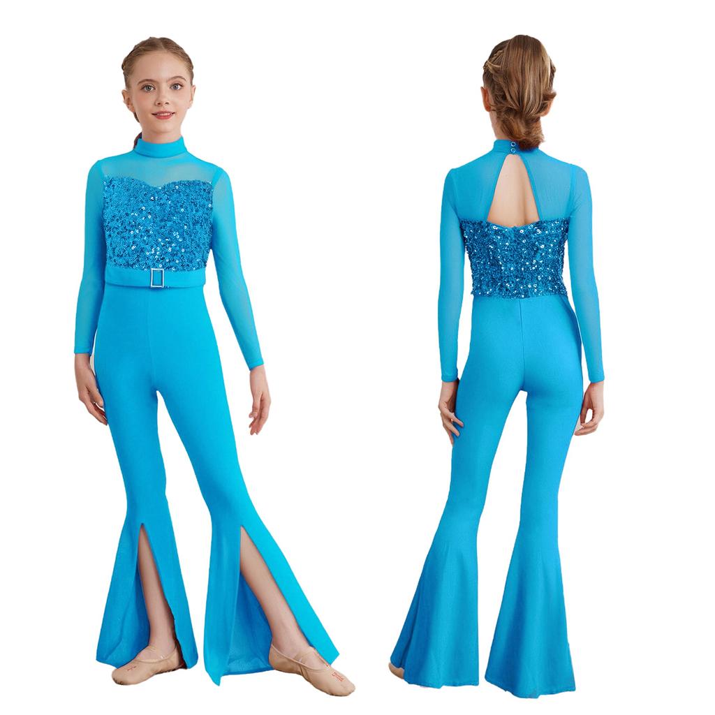 Girls Jazz Dance Jumpsuit: Mock Neck Long Sleeve with Cutout Back & Invisible Zipper, Sheer Mesh Sequins Bodice & Split Bell-Bottoms