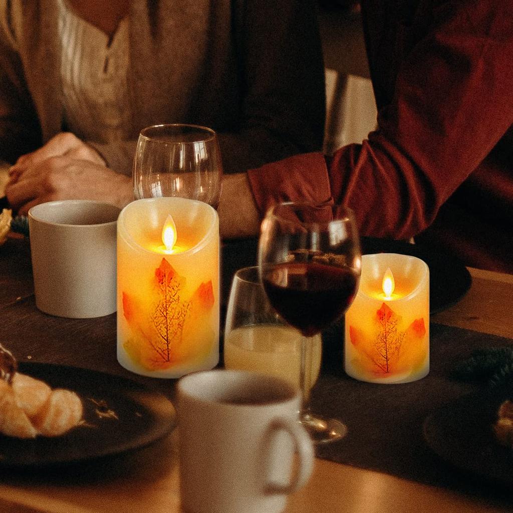 AnnTec LED Candle Light, Autumn Leaves, 3-Piece Set, Flickers Like a Real Flame, Warm Light, Flameless, Safe, Energy-Saving, Includes Remote Control,