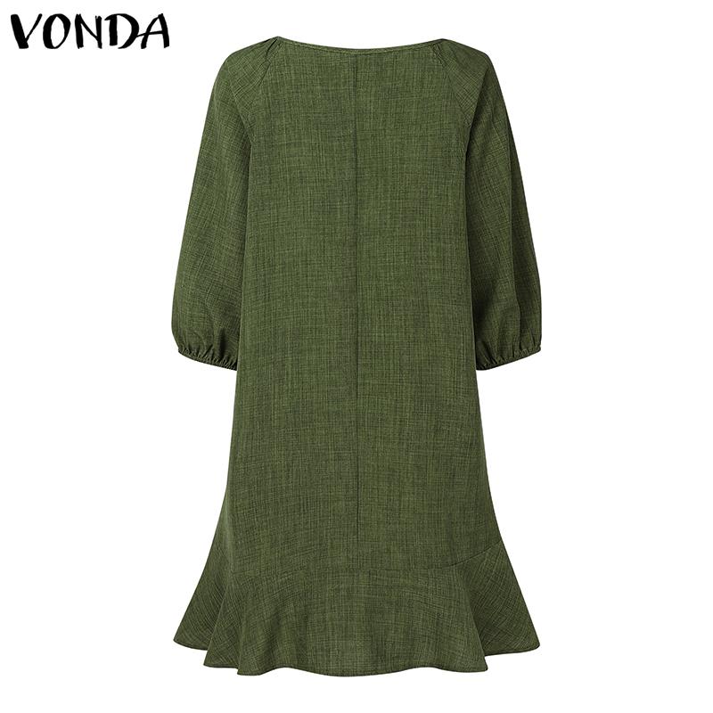 VONDA Women Casual Round Neck 3/4 Sleeve Irregular Ruffled Tunic Dress