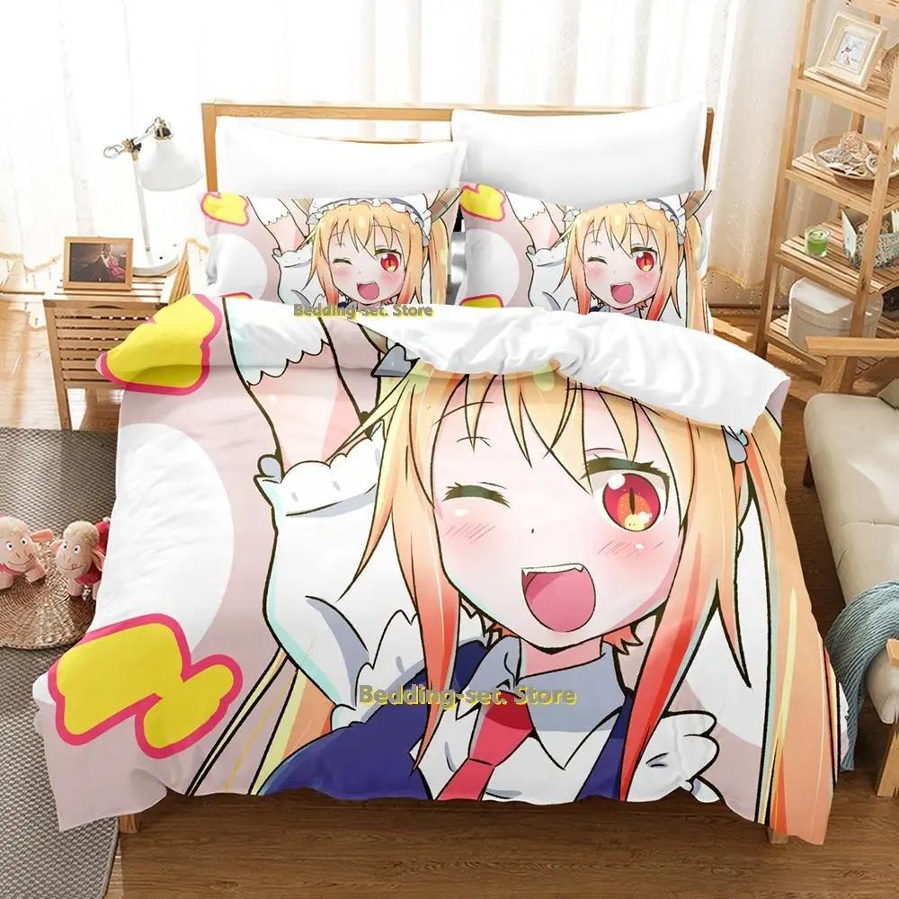 Miss Kobayashi's Drachenmädchen Bettwäsche-Set Anime 3-teiliger Bettbezug Kawaii Mädchen Erwachsene Kinder Schlafzimmer