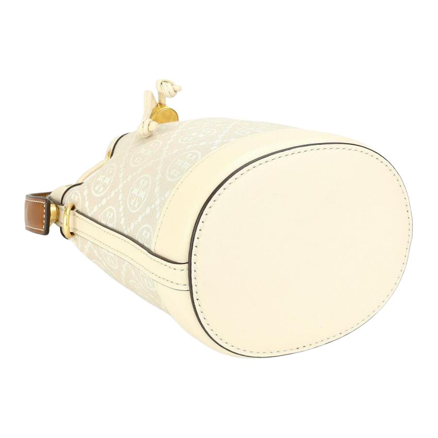 Tory Burch T Monogram All Over Print Drawstring Jacquard Fabric Leather Trim Bucket Bag Mini Women Bags Ivory 80534-254