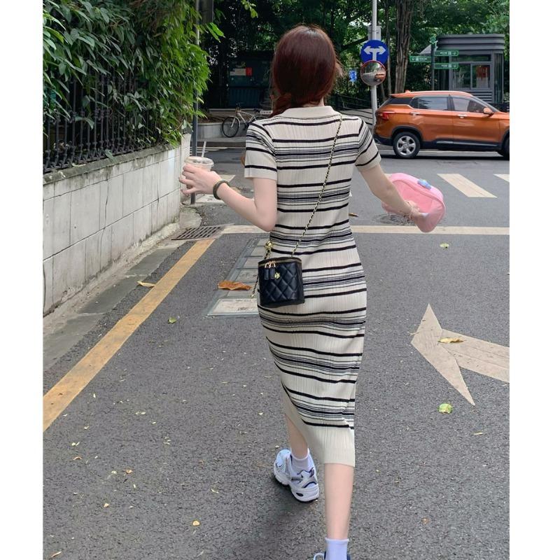 Striped polo neck knitted dress women's summer new design sense niche Korean gentle temperament skirt