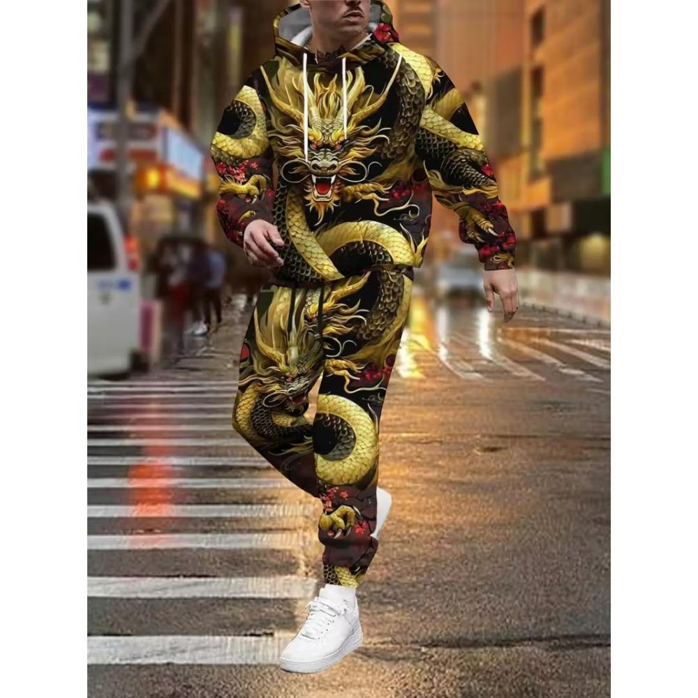 Cool Dragon 3D Print Men's Hoodie Pants 2-Piece Outfits Autumn/Winter Men's Hooded Sweatshirt Sets Jogging Pants 2Pcs Sets